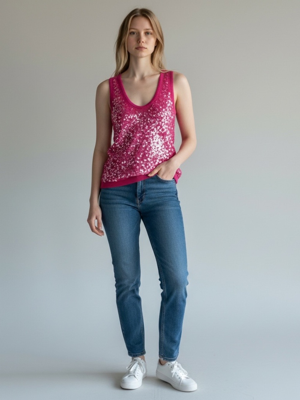 Magaschoni Pink Cashmere Sequin Tank Top | size medium
